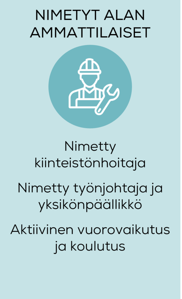 Tekstikortti : Nimetyt alan ammattilaiset. Tarjoamme nimetyn kiinteistönhoitajan sekä työnjohtajan ja yksikönpäällikön. Huolehdimme työntekijöidemme koulutuksesta .